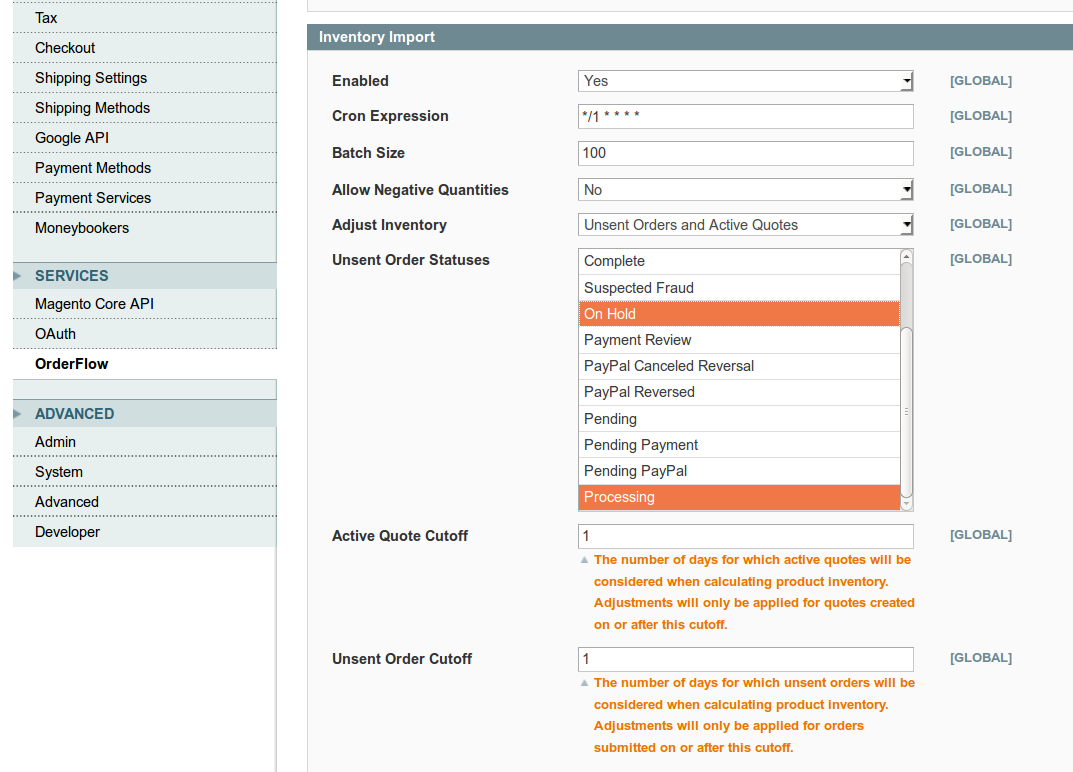 Magento inventory import config