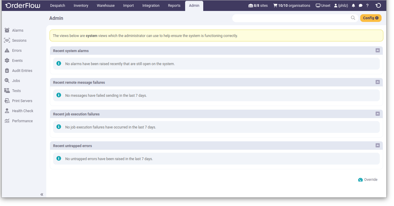 Admin screen