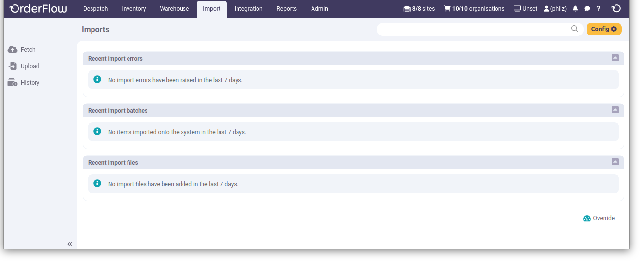 Import screen