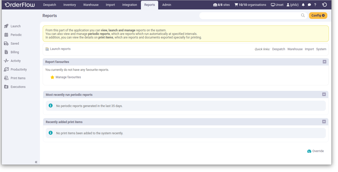 Reports screen