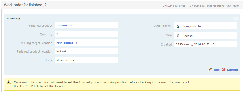 Work Order Set Finished Product Location
